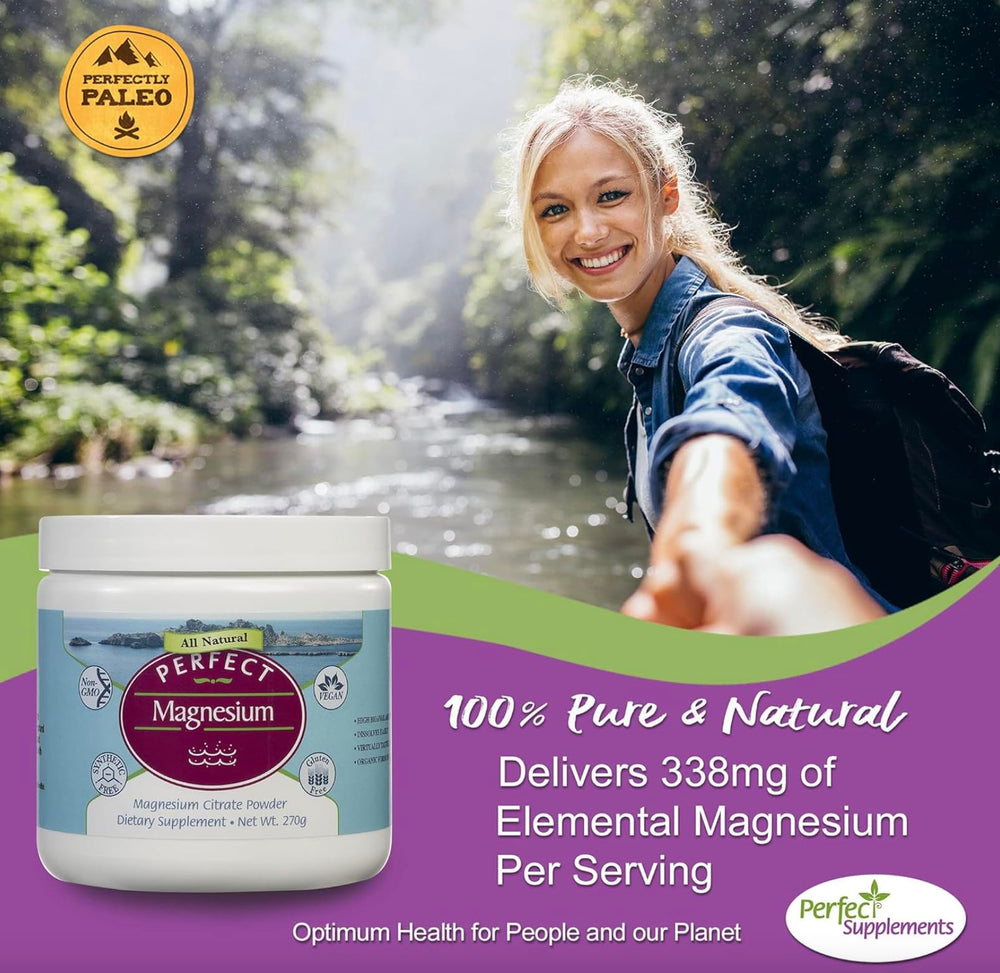 Perfect Supplements magnesium citrate powder label close-up—non-GMO and natural formulation.