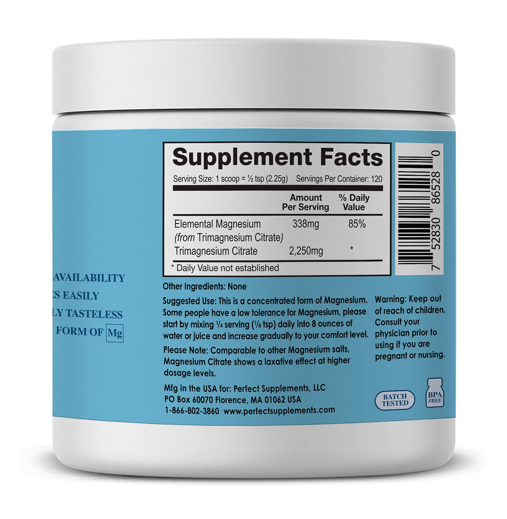 Perfect Supplements magnesium citrate powder scoop—easy dosing for consistent daily intake.