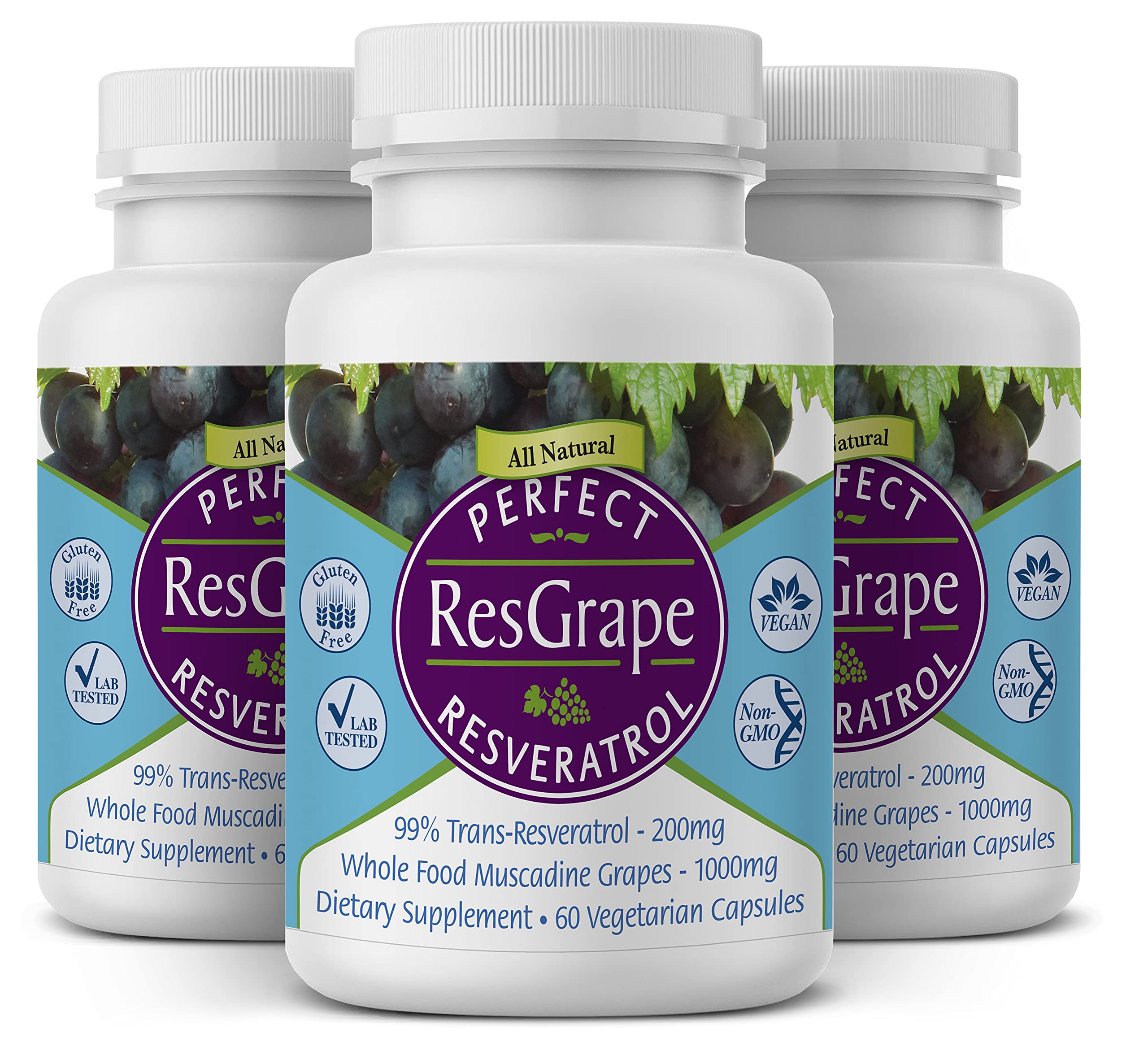 Perfect ResGrape bottle close-up showing 200 mg trans-resveratrol per serving