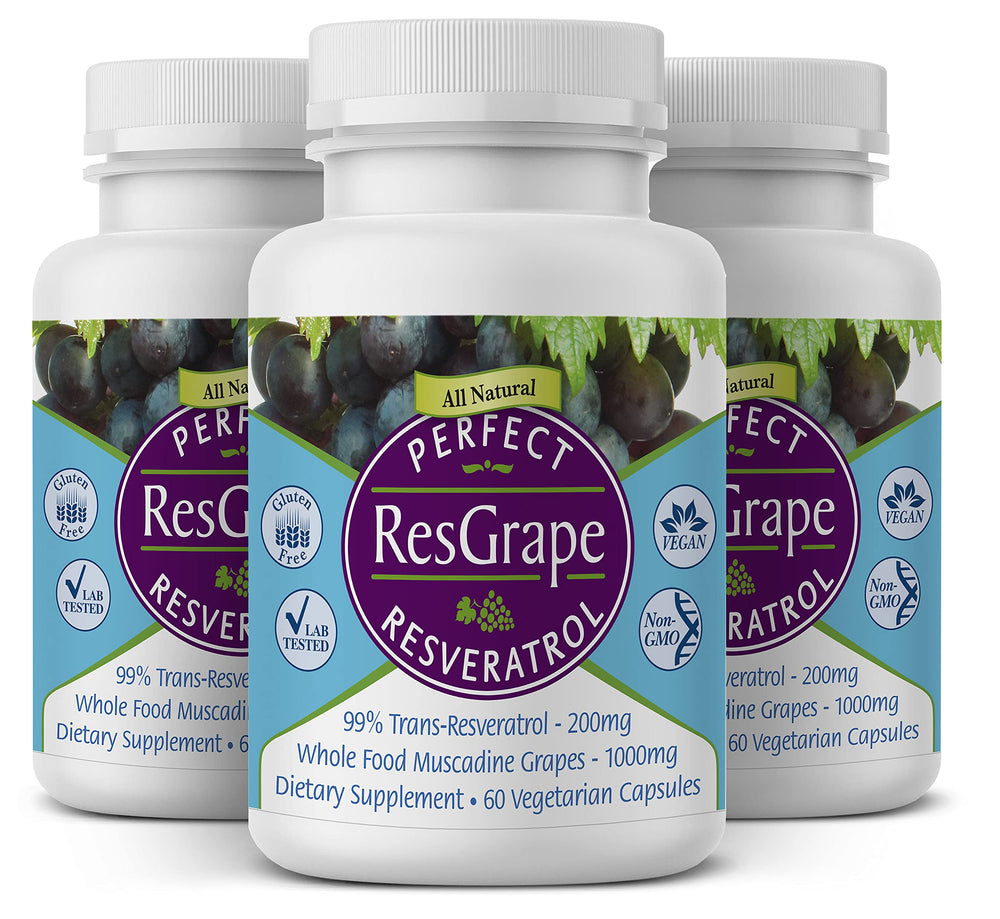 Perfect ResGrape bottle close-up showing 200 mg trans-resveratrol per serving