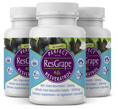 Perfect ResGrape bottle close-up showing 200 mg trans-resveratrol per serving