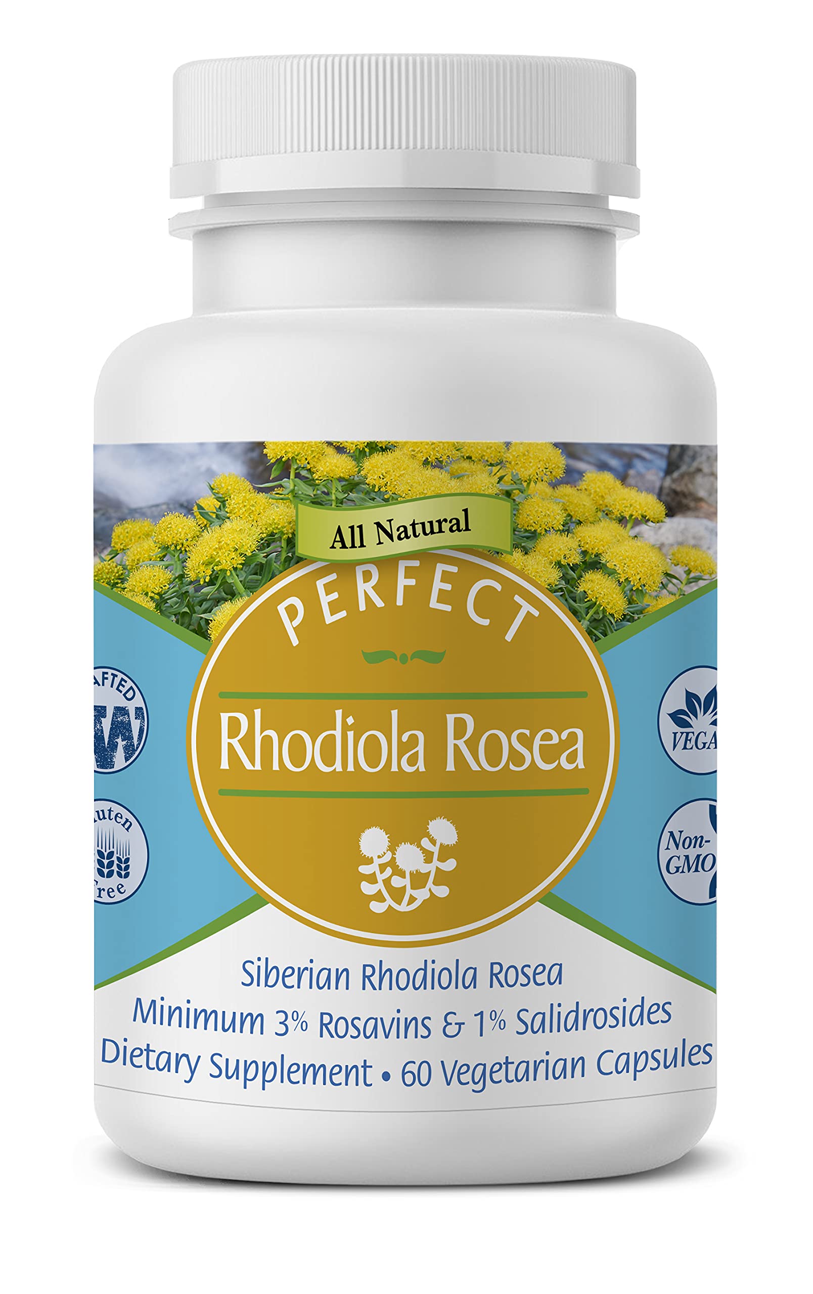 Perfect Supplements Rhodiola Rosea bottle for quick focus and energy on busy mornings.