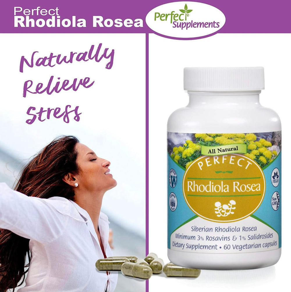 Vegan, gluten-free seal on Perfect Supplements Rhodiola Rosea bottle communicates plant-based formulation.