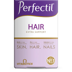 Perfectil bottle closeup illustrating daily hair health support with a vitamin-rich formula.