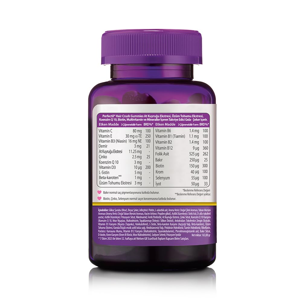 Bottle pouring gummies suggesting easy daily use for hair vitality.
