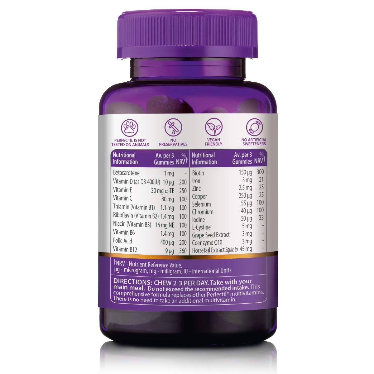 Perfectil Hair Crush gummies closeup showing texture and biotin-rich formula for hair health.
