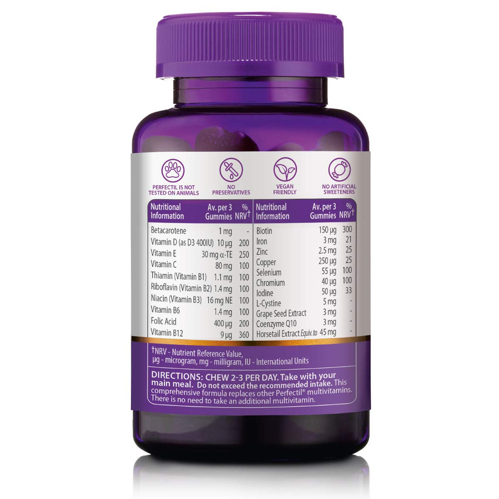 Perfectil Hair Crush gummies closeup showing texture and biotin-rich formula for hair health.