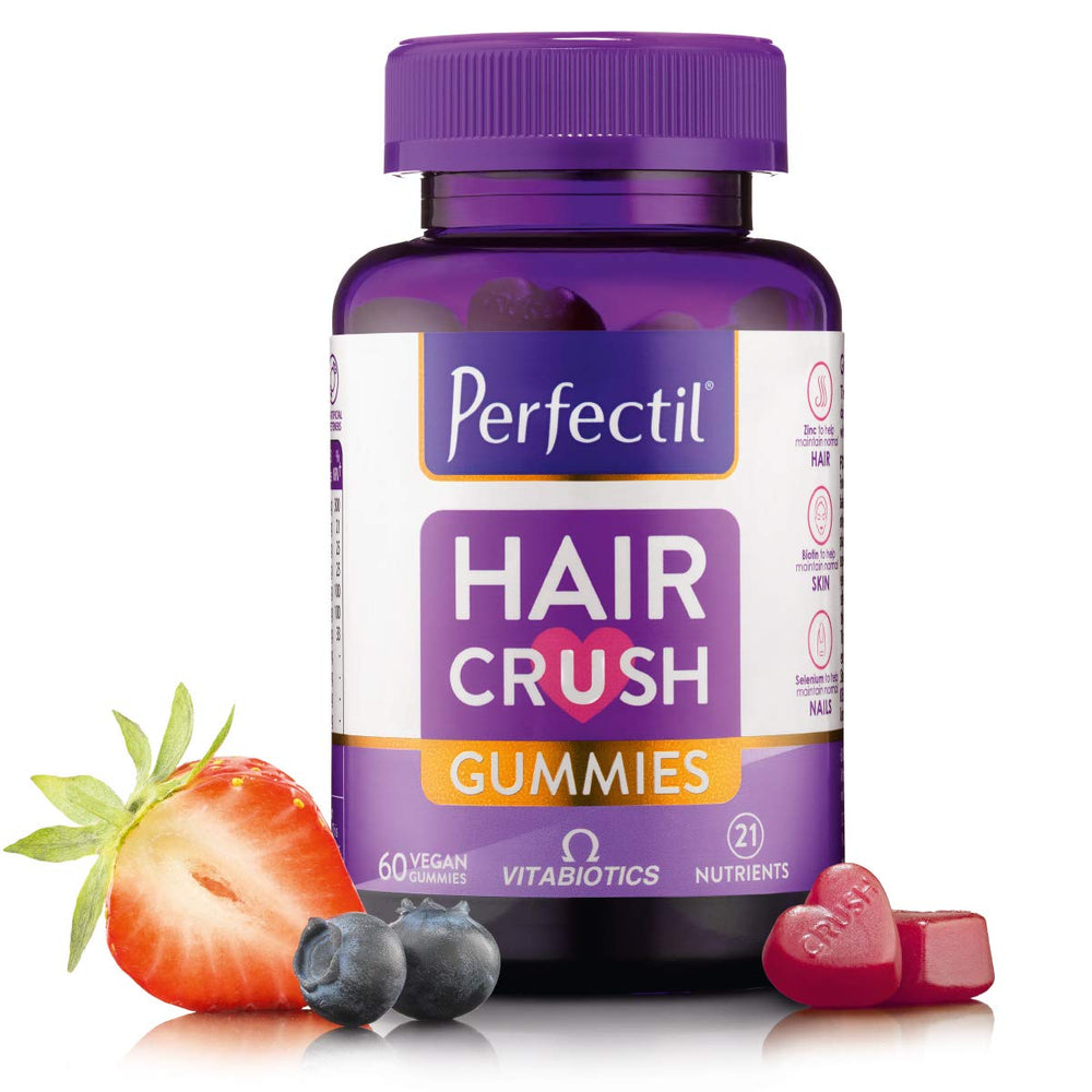 Perfectil Hair Crush gummies front bottle promoting vegan hair support and vitality.