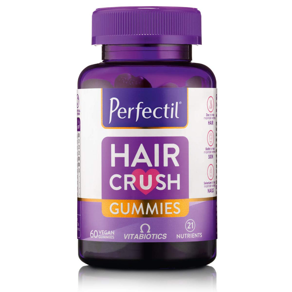 Perfectil Hair Crush gummies pack highlighting convenient vegan daily support.