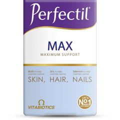 Perfectil Max bottle front showing packaging designed for skin, hair and nails support.