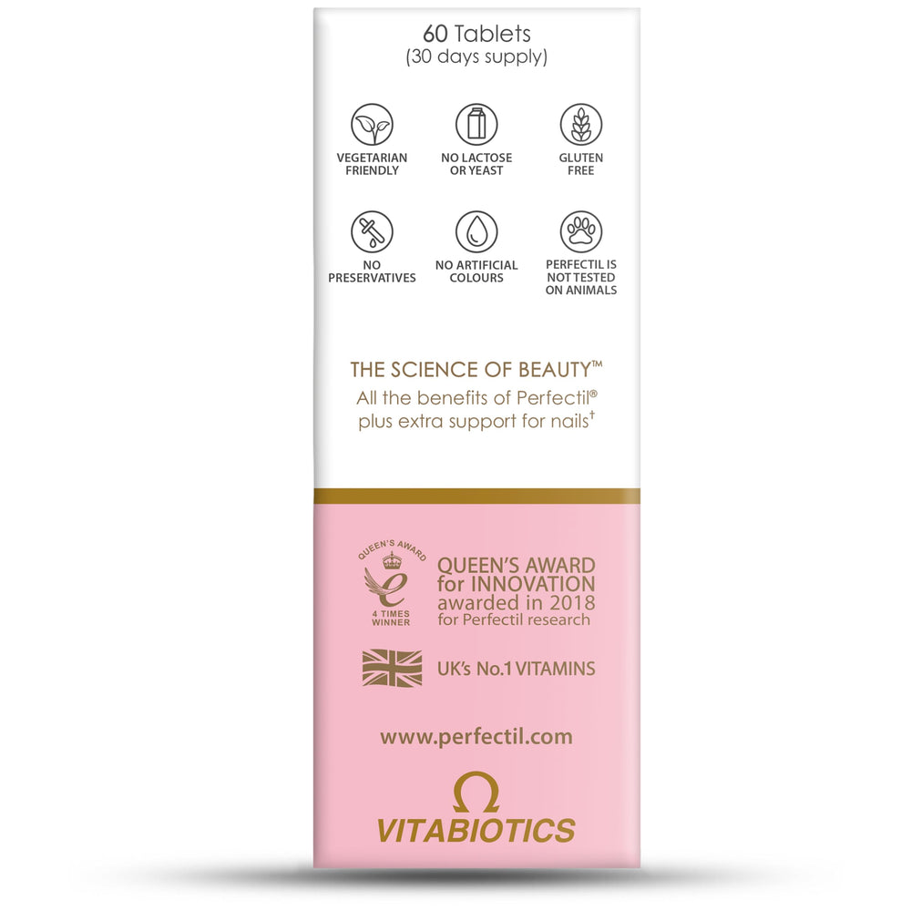 Ingredient panel highlighting Horsetail and zinc in Perfectil Plus Nails.