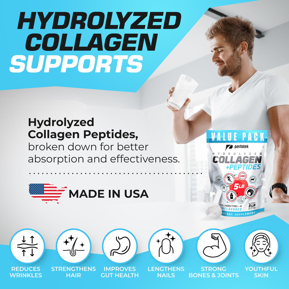 Perfotek Collagen Powder in smoothie highlights unflavored versatility.