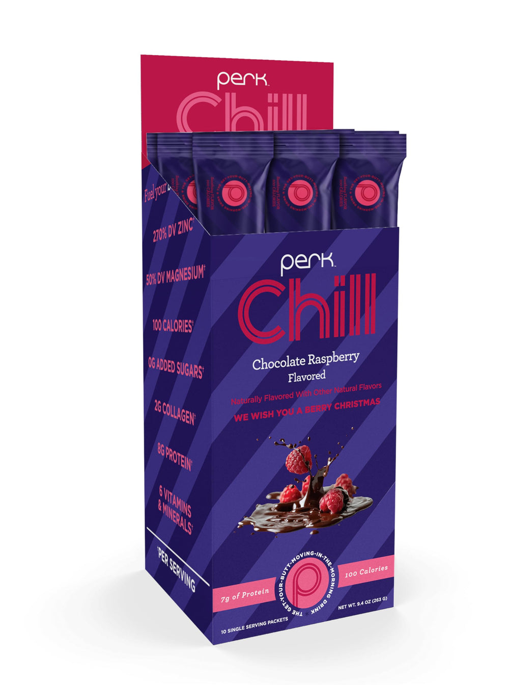 Perk Chill Chocolate Raspberry drink glass displays a prepared shake with inviting flavor