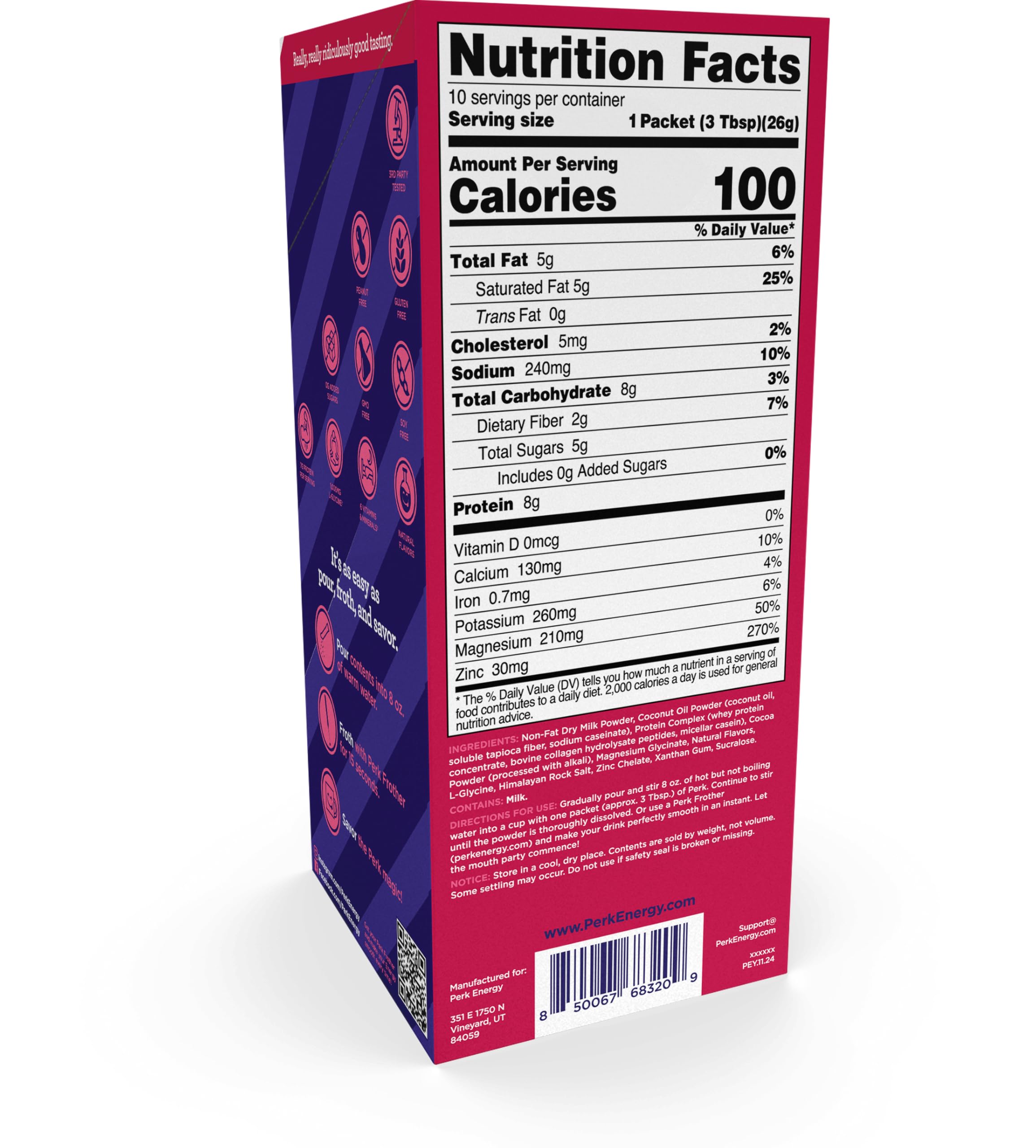 Perk Chill Chocolate Raspberry drink mix ingredients emphasize gluten-free and peanut-free features