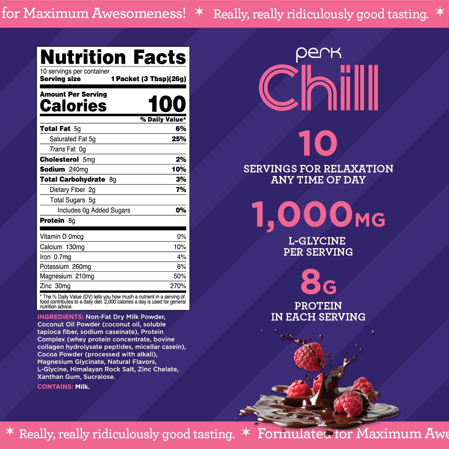 Perk Chill Chocolate Raspberry drink mix label closeup highlights third-party testing and quality
