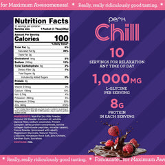 Perk Chill Chocolate Raspberry drink mix label closeup highlights third-party testing and quality