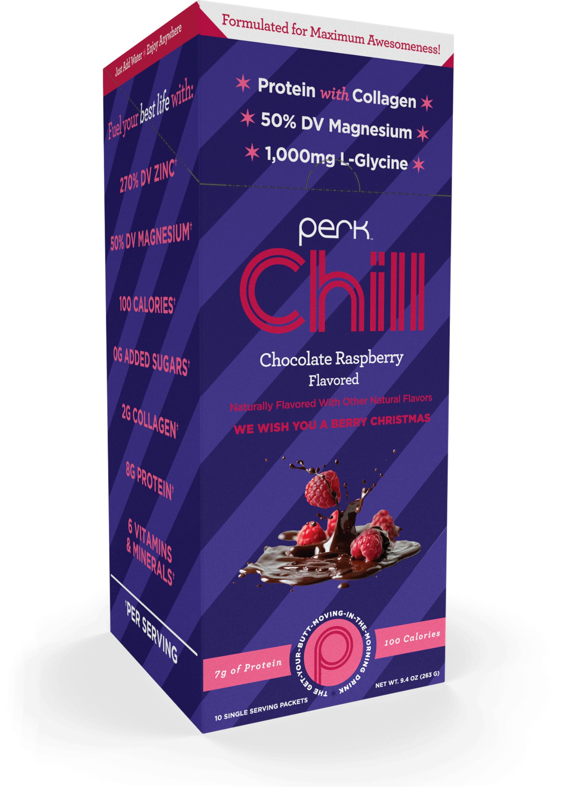 Perk Chill Chocolate Raspberry drink mix pack shows gluten-free protein options for on-the-go nutrition