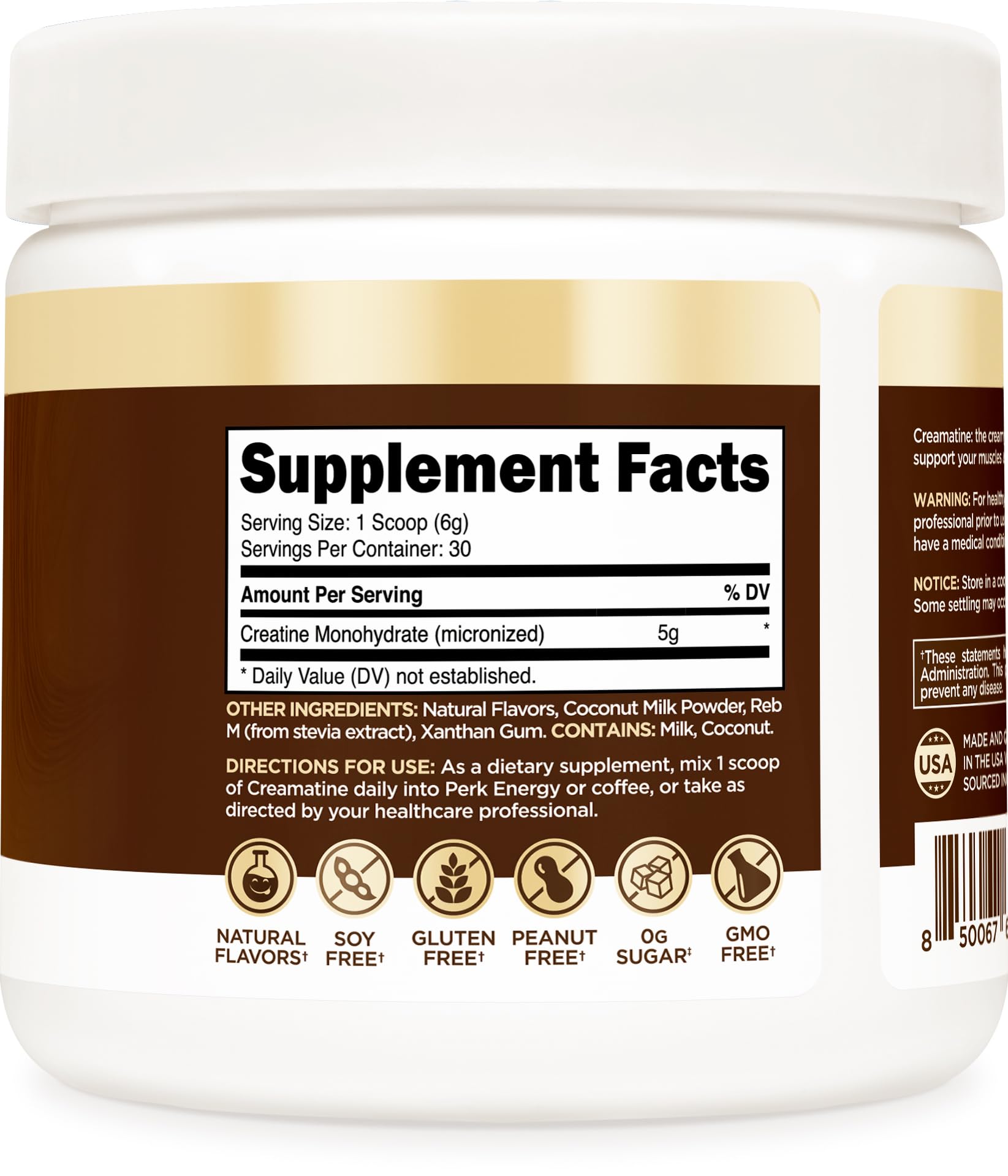 Perk Creamatine bottle label shows 5 g of creatine per serving.