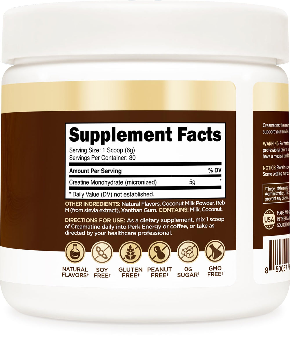 Perk Creamatine bottle label shows 5 g of creatine per serving.