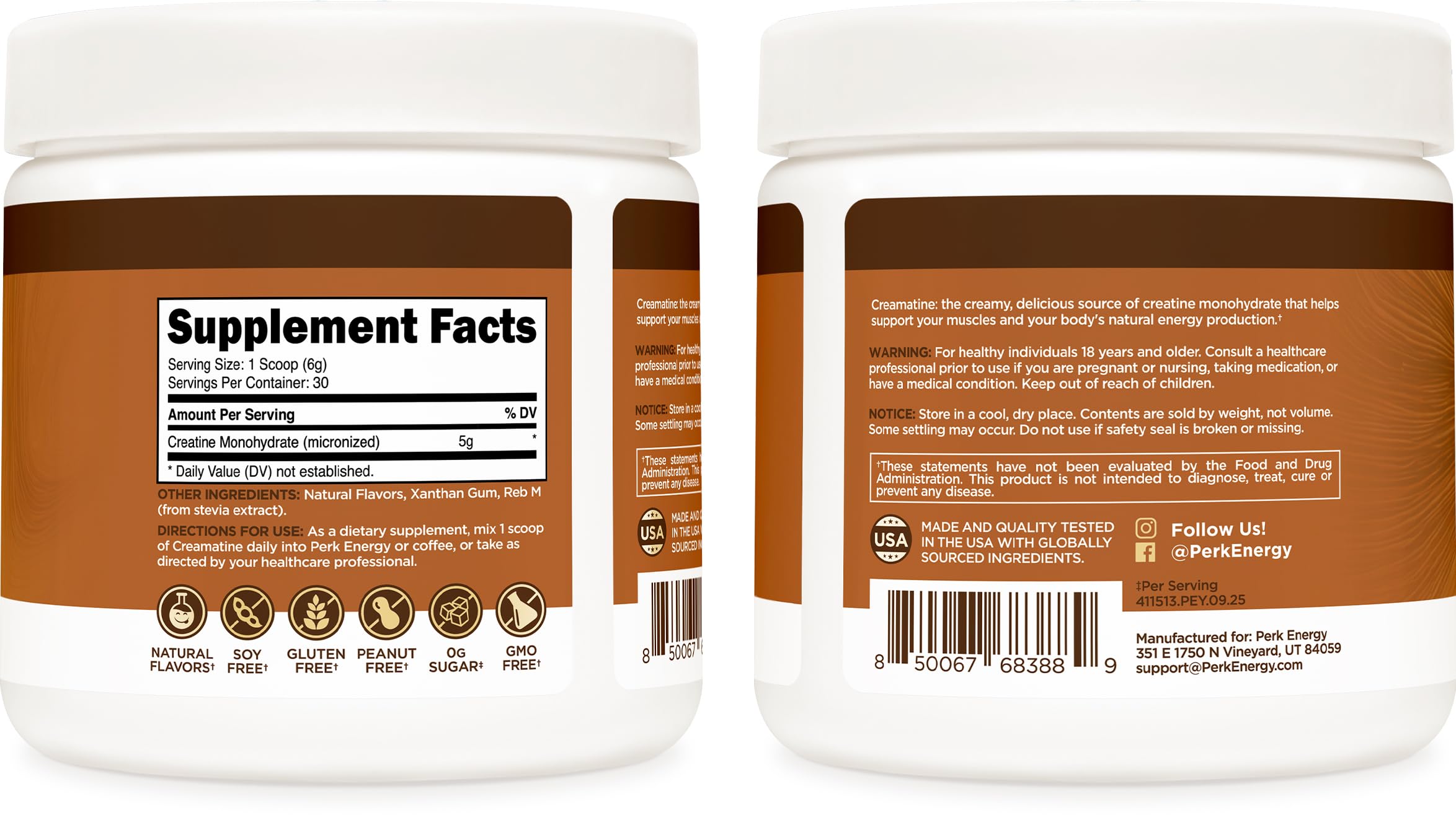 Perk Creamatine gluten-free soy-free label emphasizing clean ingredients