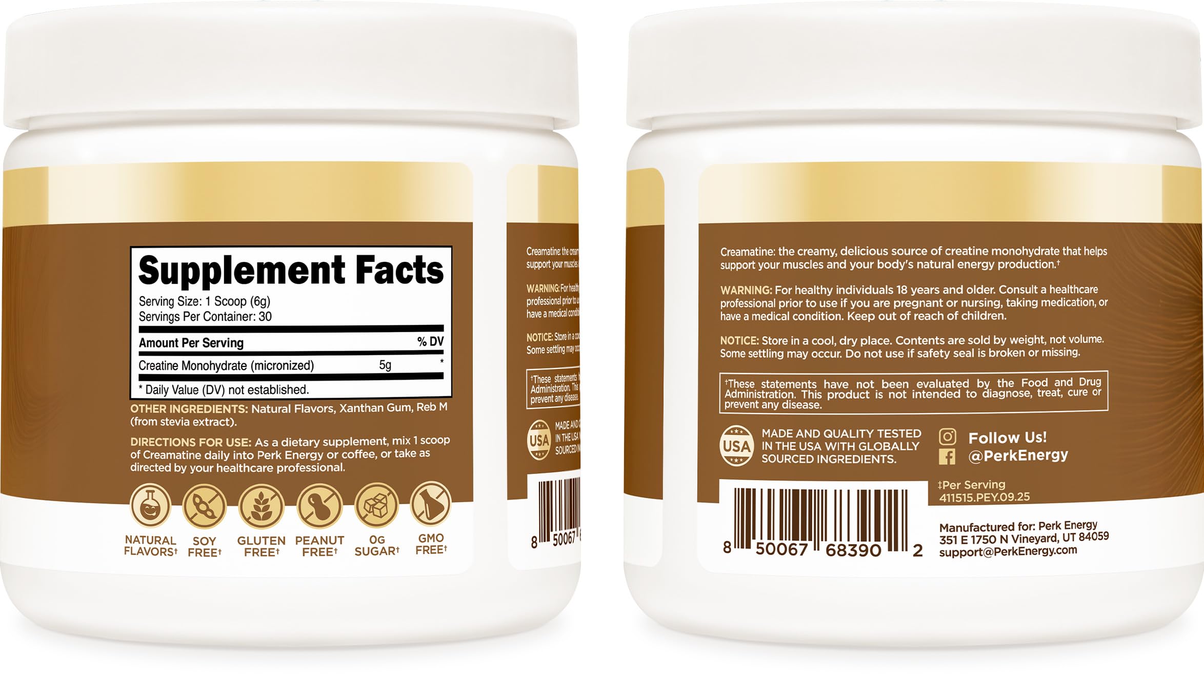 Perk Creamatine label closeup displaying 30 servings and allergen-free features