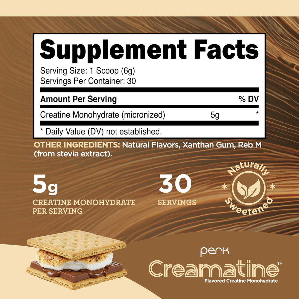 Perk Creamatine Marshmallow Graham coffee creamer pour emphasizes creamy texture for a subtle boost