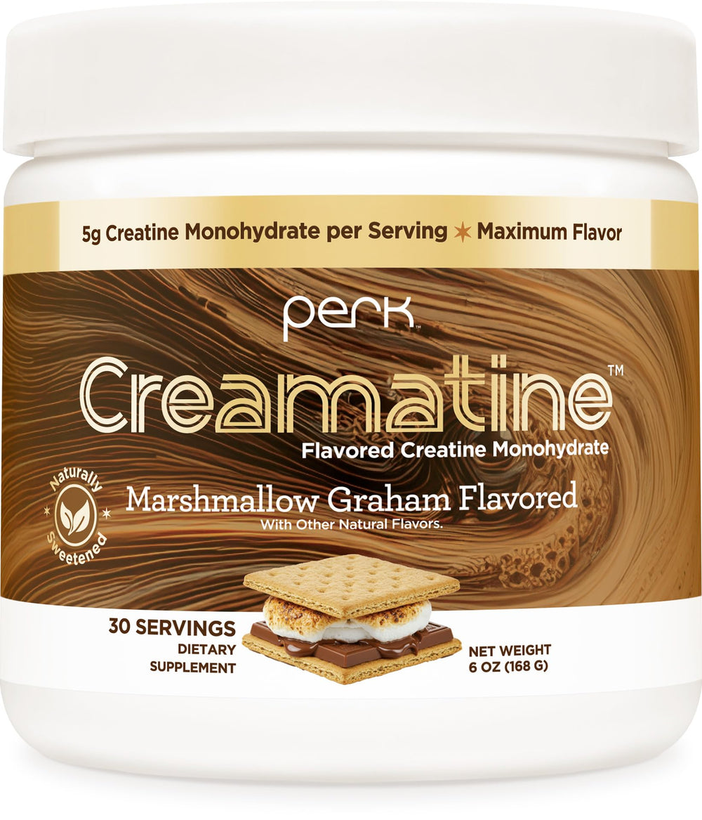 Perk Creamatine Marshmallow Graham scoop showing flavor and 5g creatine per serving for daily support