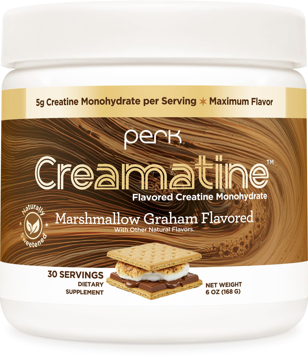Perk Creamatine Marshmallow Graham scoop showing flavor and 5g creatine per serving for daily support