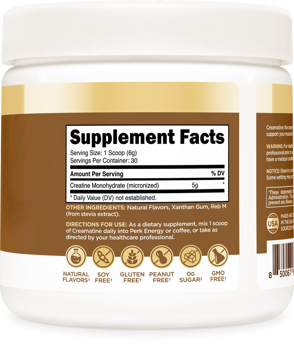 Perk Creamatine tub with spoon highlighting servings and allergen-free formulation