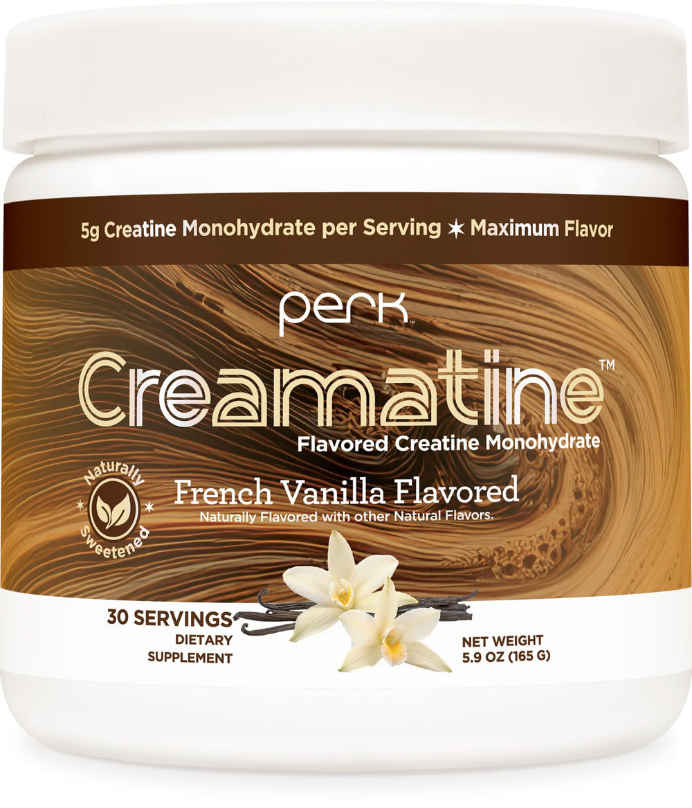 Perk Creamatine French Vanilla tub beside a mug for a creamy, sugar-free morning boost.