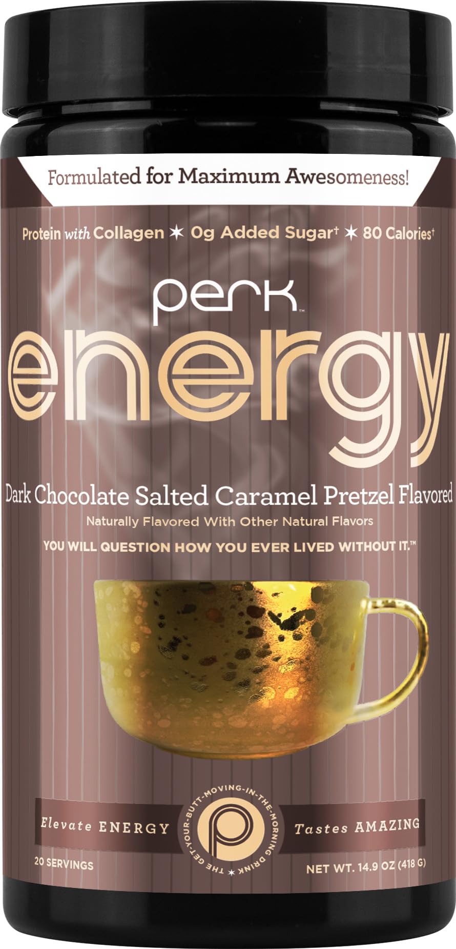 Perk Energy bottle shot showing protein-rich chocolate caramel pretzel flavor and servings.