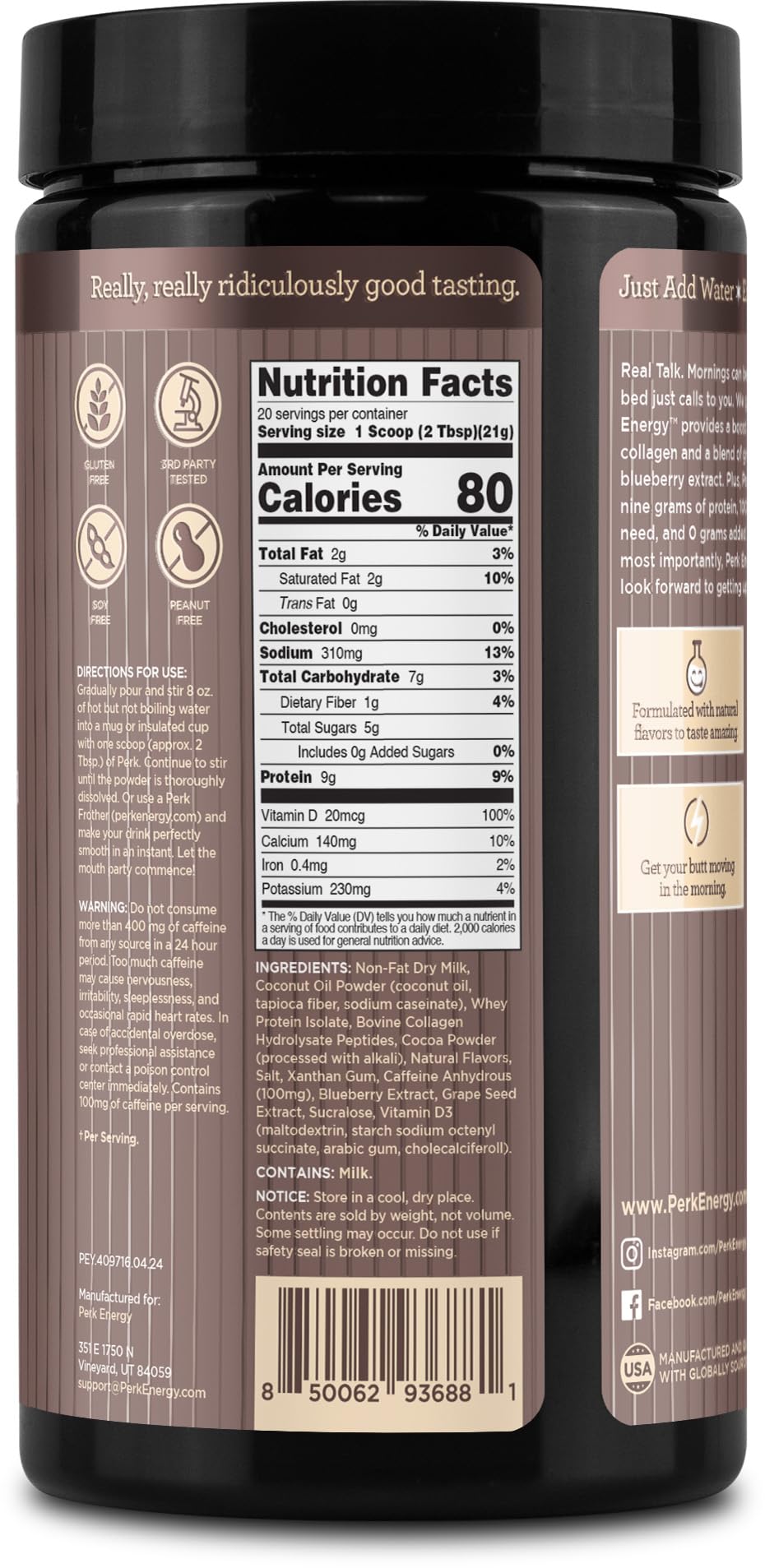 Perk Energy close-up of dark chocolate salted caramel pretzel flavor.