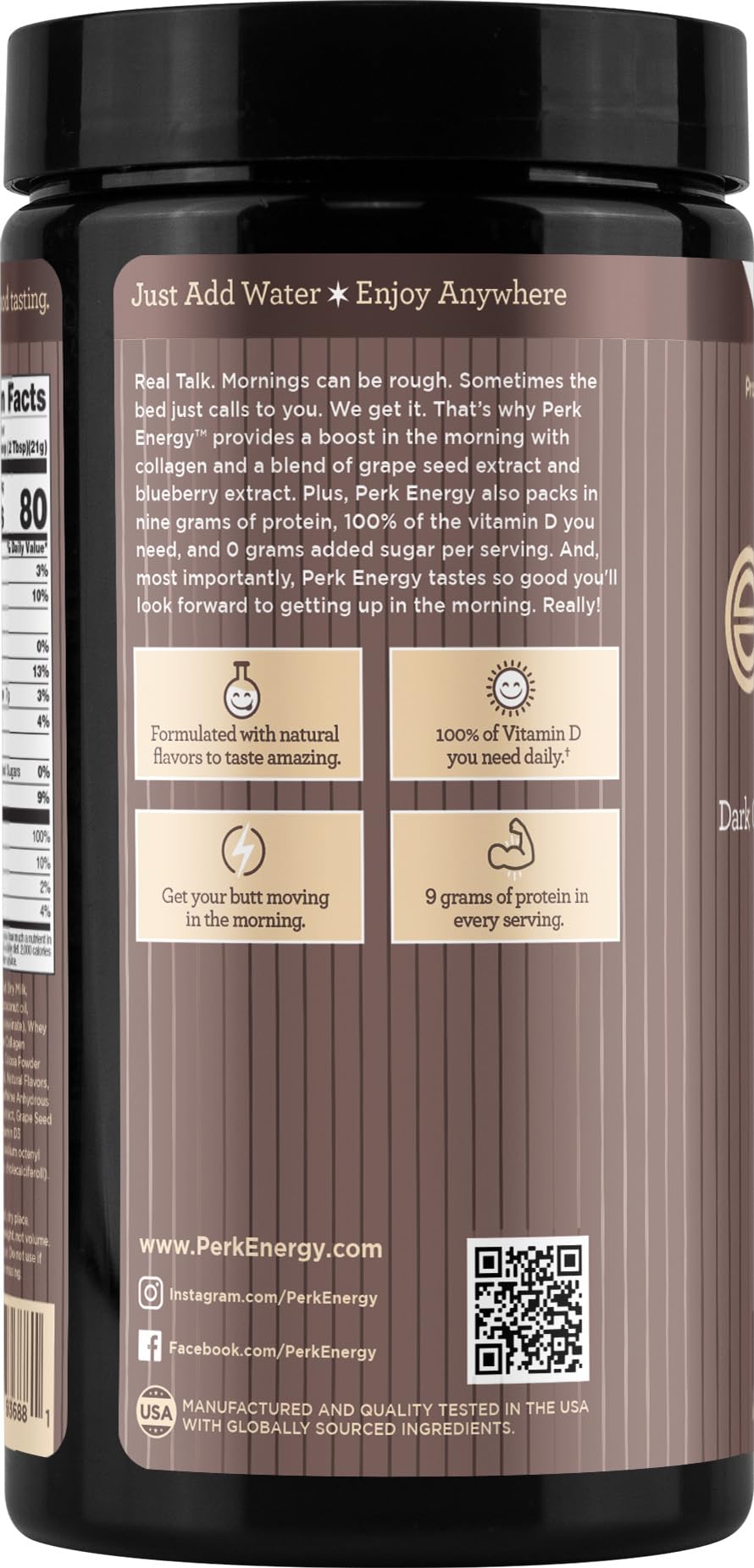 Perk Energy nutrition facts panel featuring 9 g protein per serving.