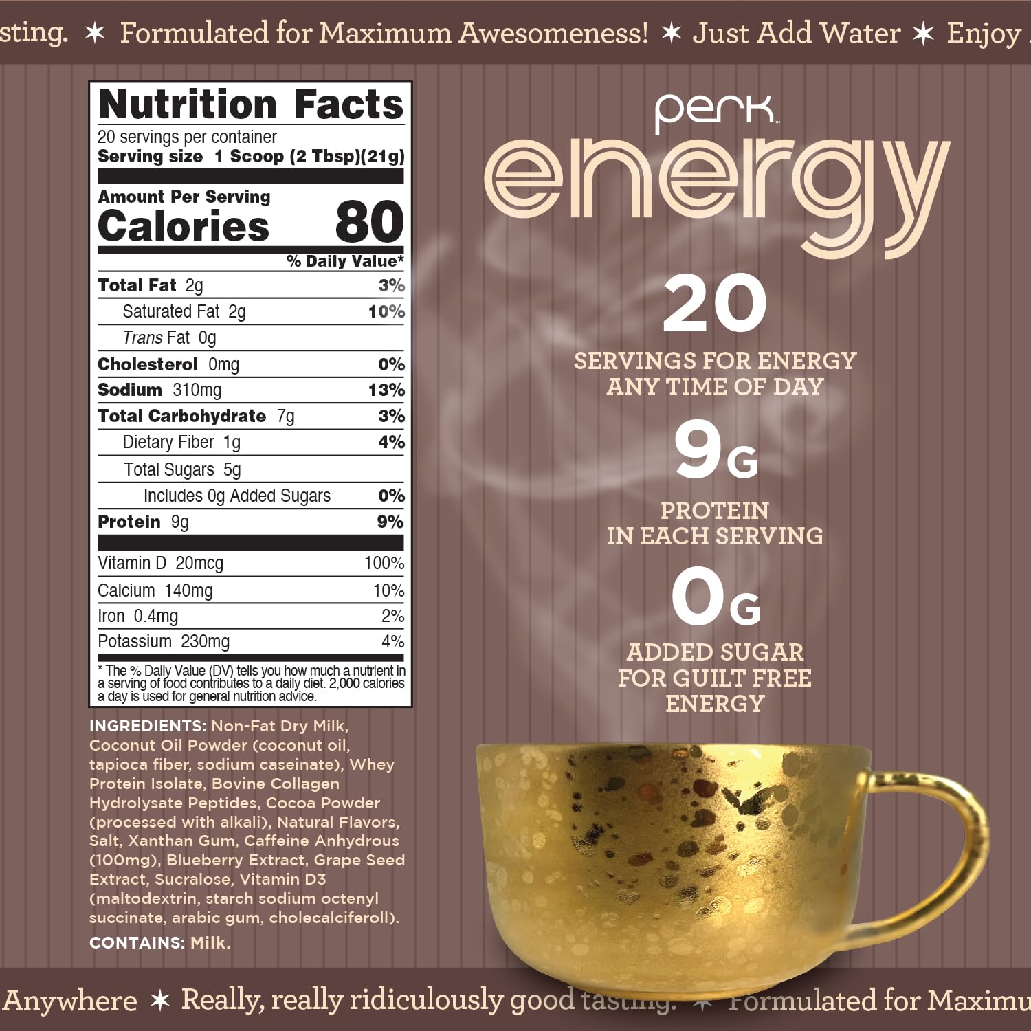 Perk Energy pack image highlighting gluten-free, soy-free, peanut-free attributes and 9 g protein per serving.