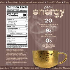 Perk Energy pack image highlighting gluten-free, soy-free, peanut-free attributes and 9 g protein per serving.