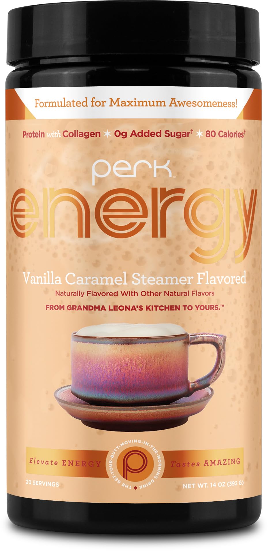 Perk Energy Vanilla Caramel Steamer powder tub ready to mix for a protein-rich beverage.