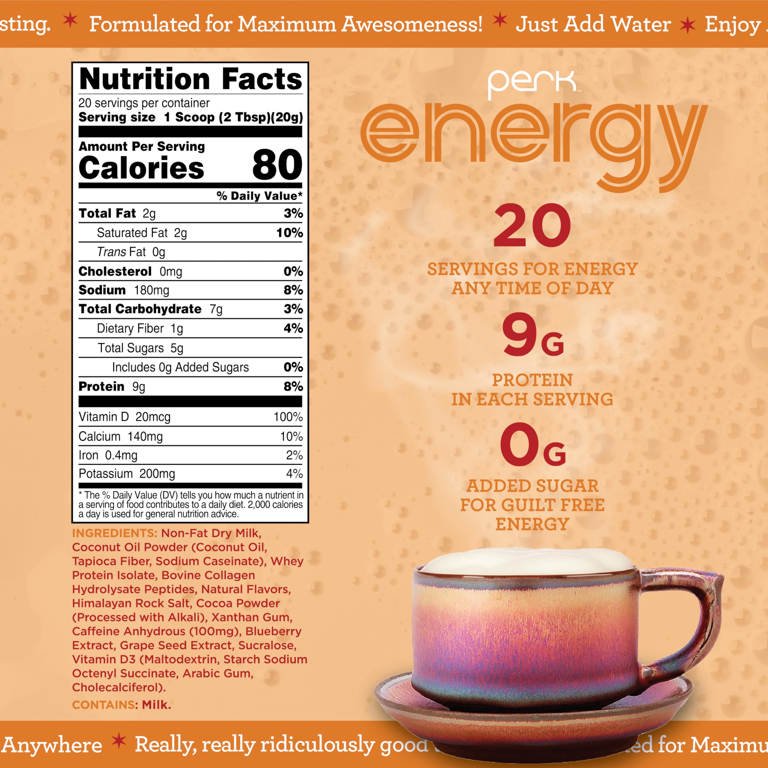 Perk Energy Vanilla Caramel Steamer tub label shown, emphasizing gluten-free and peanut-free attributes.