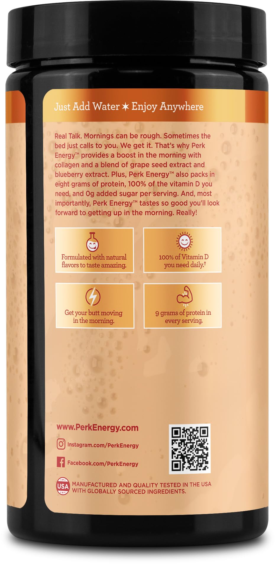 Perk Energy Vanilla Caramel Steamer being poured into a mug, creating a creamy moment.