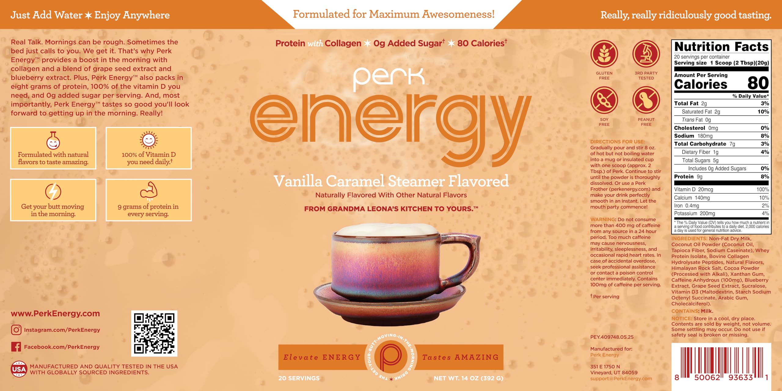 Perk Energy Vanilla Caramel Steamer in a ready cup, showcasing a gluten-free treat option.