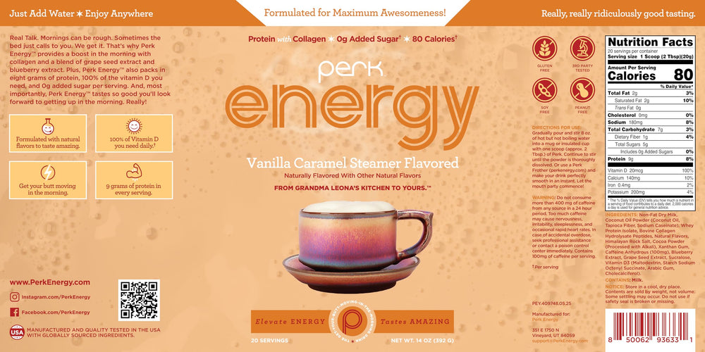 Perk Energy Vanilla Caramel Steamer in a ready cup, showcasing a gluten-free treat option.