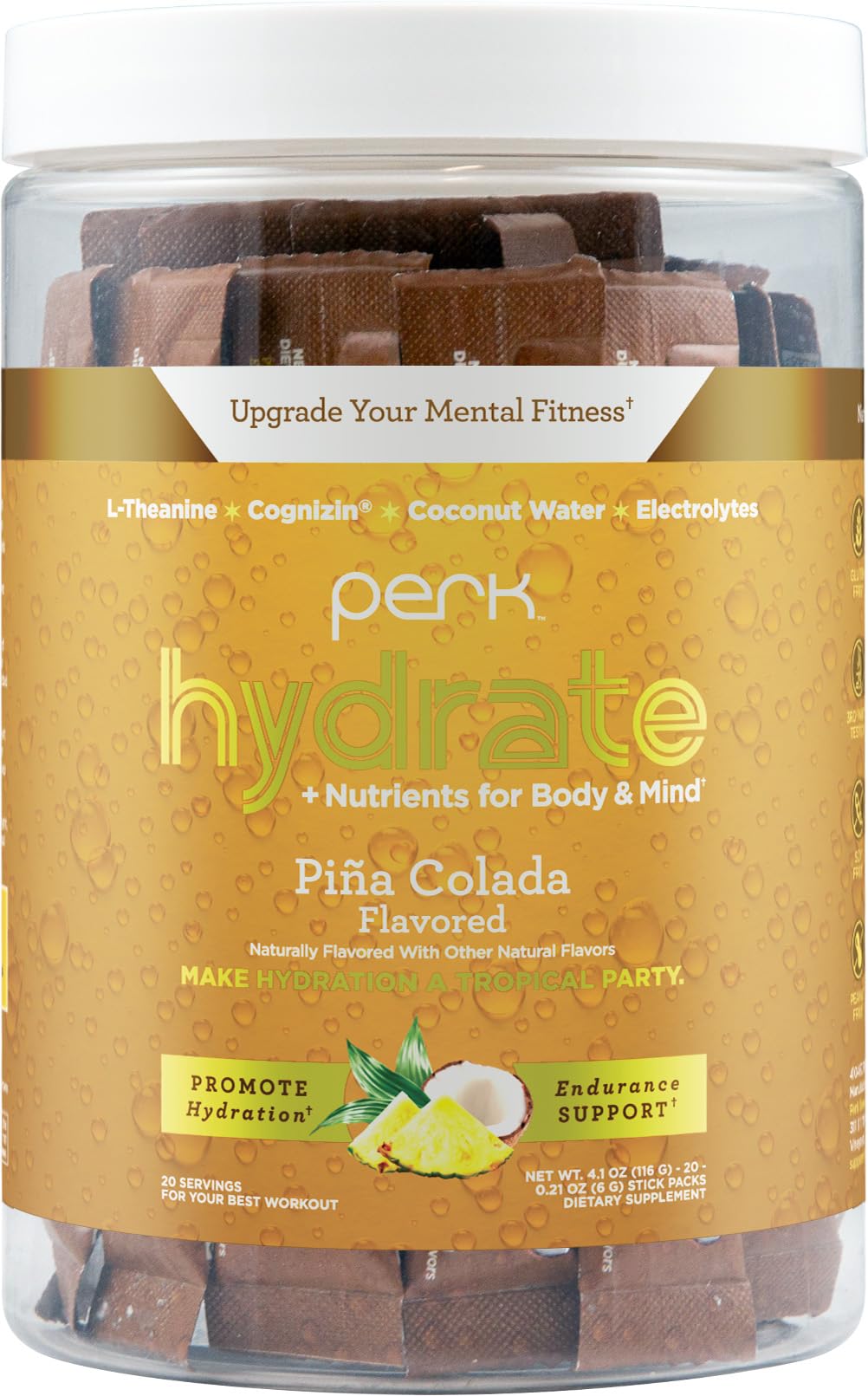 Perk Hydrate Pina Colada stickpack ideal for on-the-go hydration during workouts.