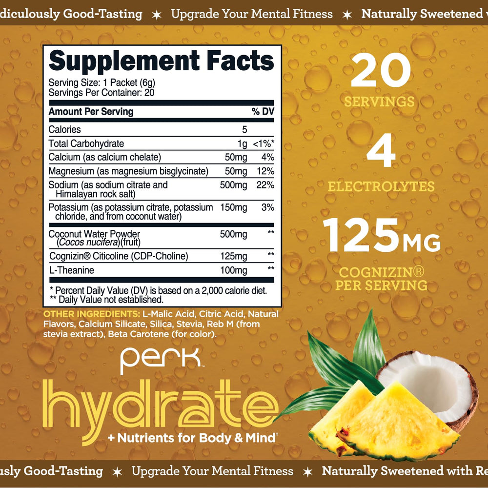 Perk Hydrate Pina Colada stickpack opened and ready to mix after workouts.