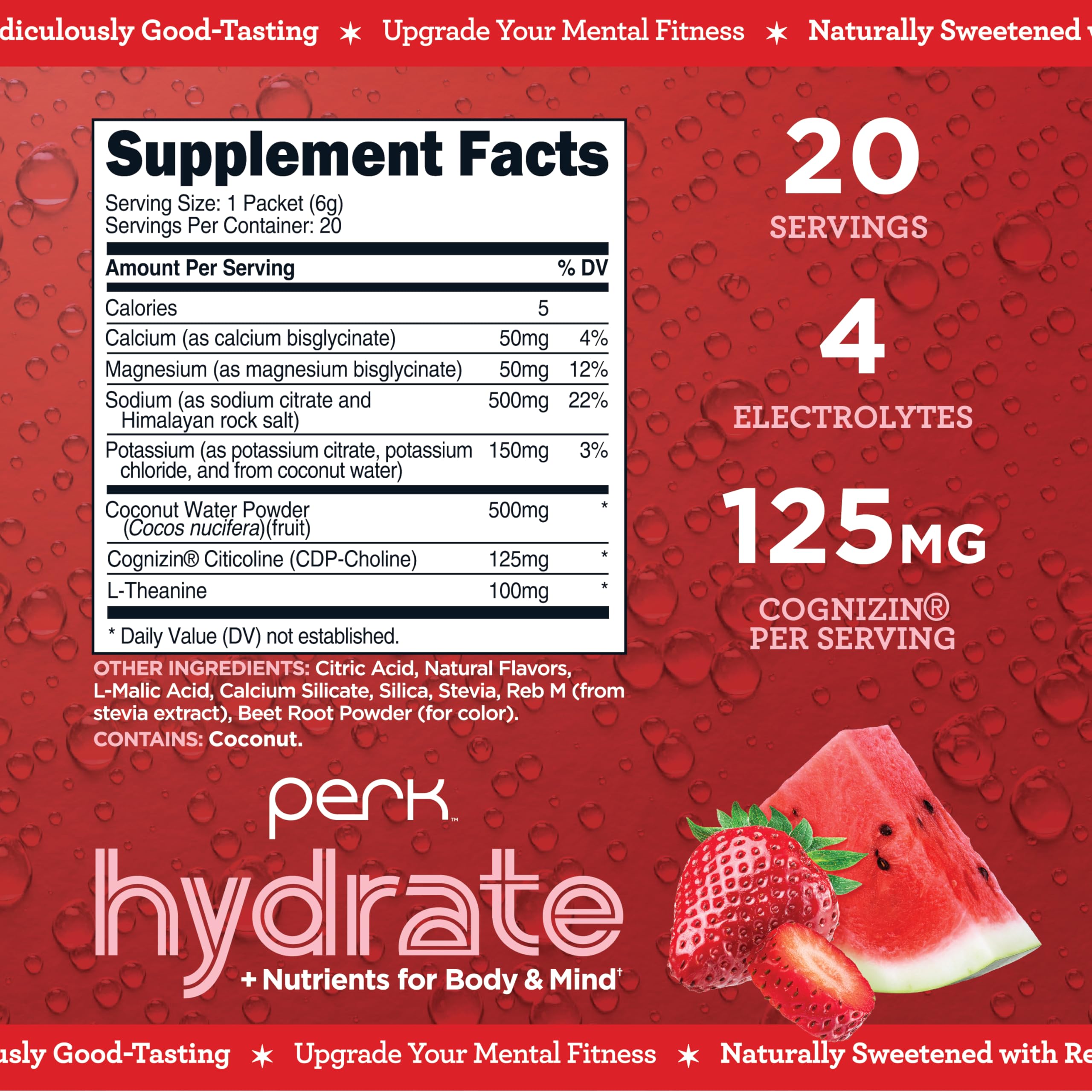 Perk Hydrate stickpack close-up label highlights clean electrolyte blend.
