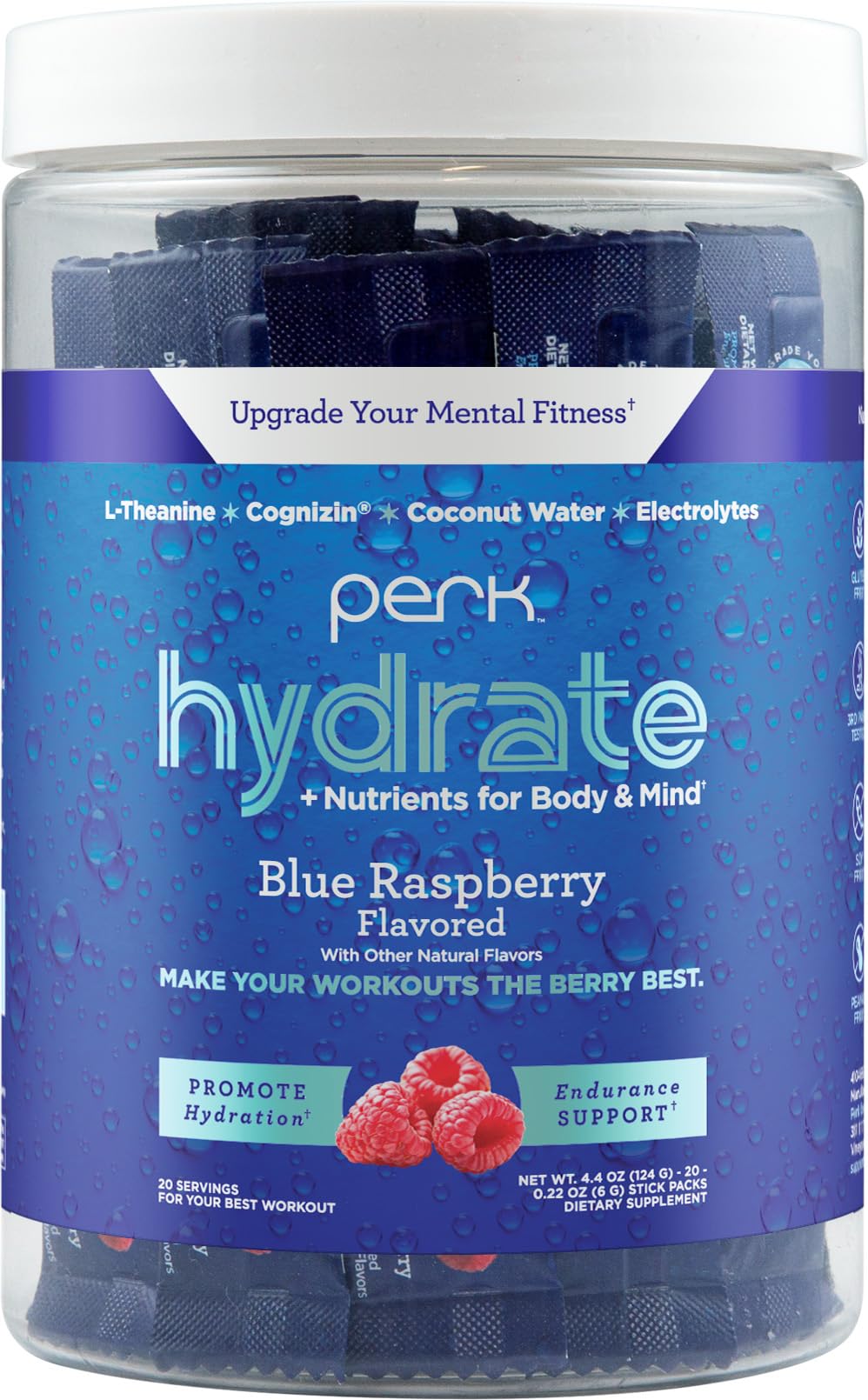 Perk Hydrate blue raspberry stickpacks, front view, ideal for on-the-go clean hydration.
