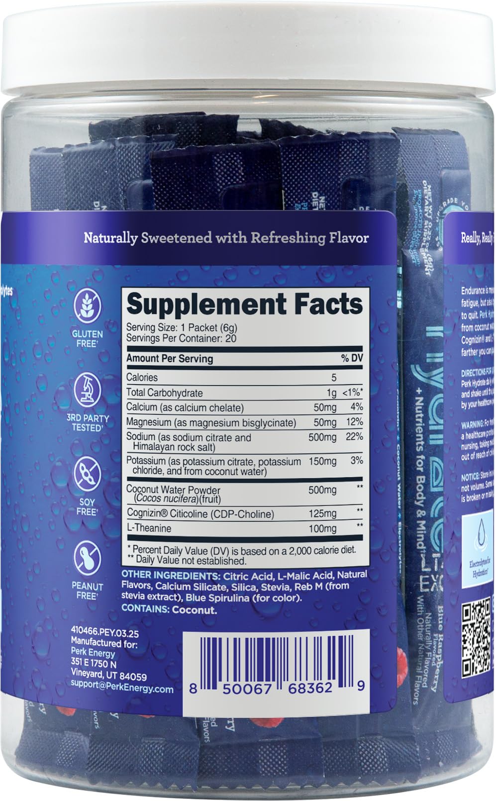 Perk Hydrate stickpacks blue raspberry ingredient panel featuring coconut water and L-Theanine.