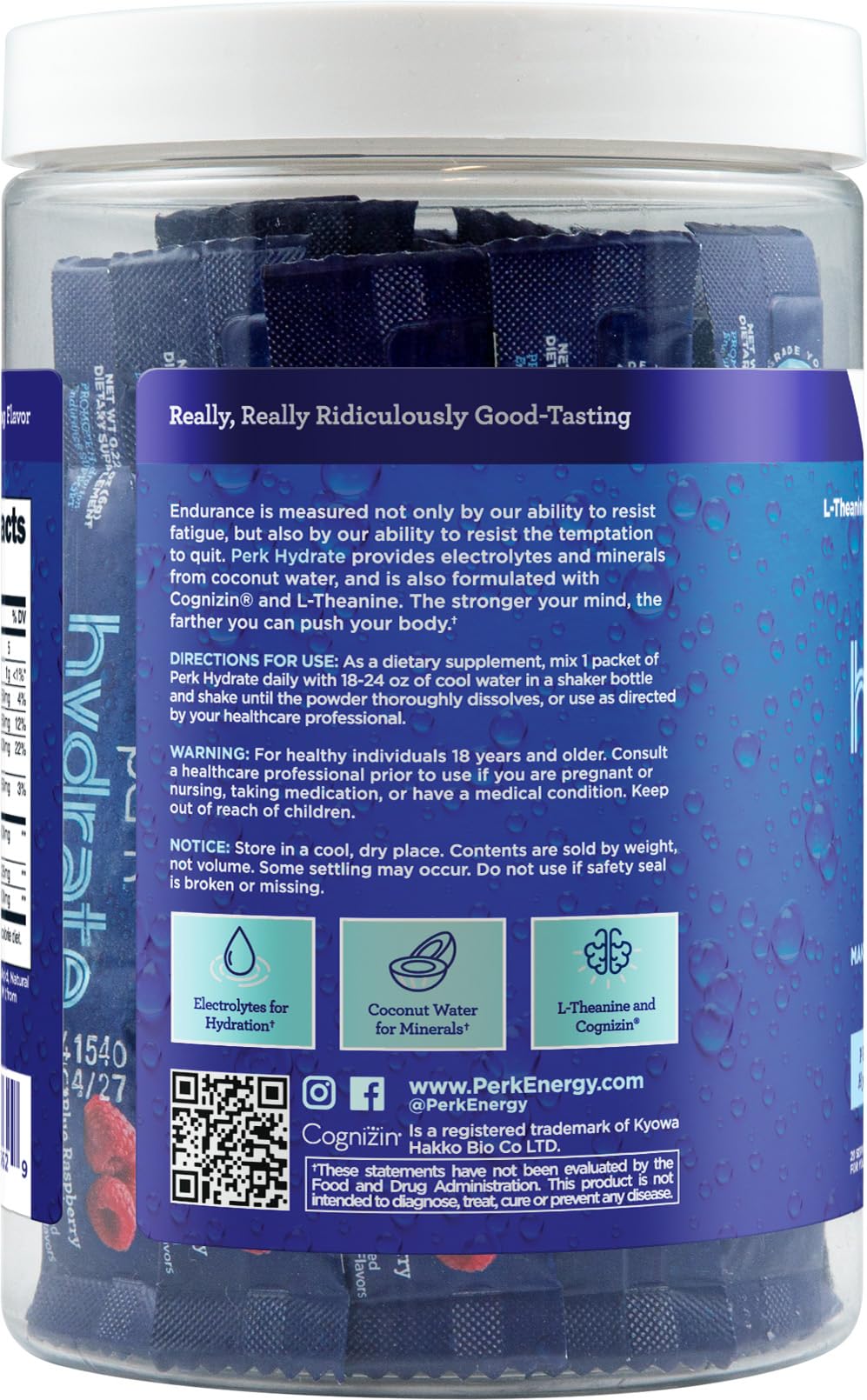 Perk Hydrate packaging shows gluten-free and soy-free claims for daily wellness.