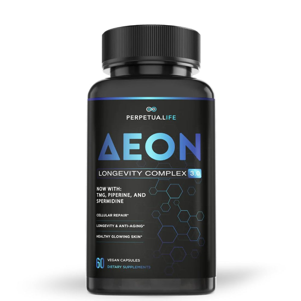 PERPETUA.LIFE AEON bottle front with vegan capsules for daily vitality.