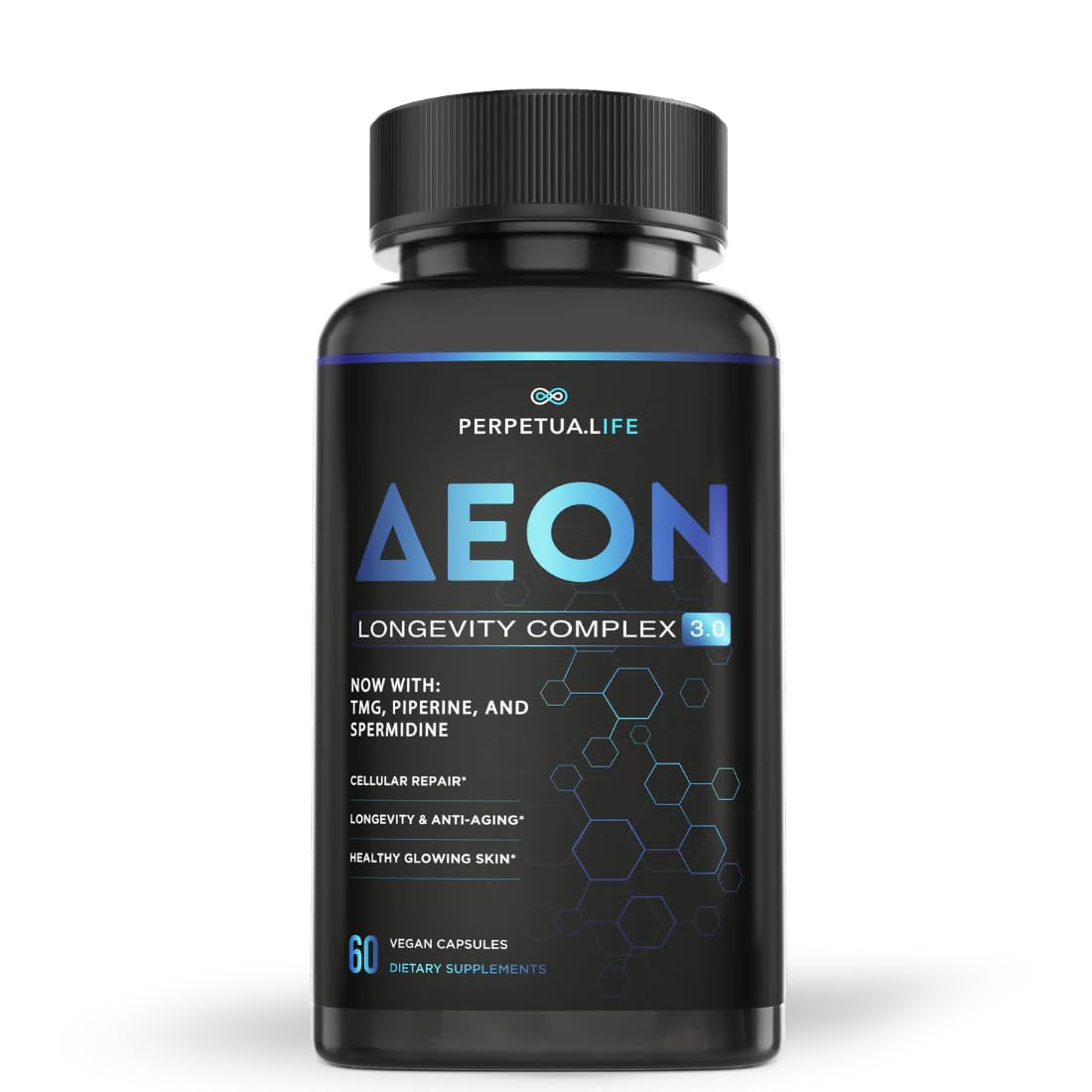 PERPETUA.LIFE AEON bottle front with vegan capsules for daily vitality.