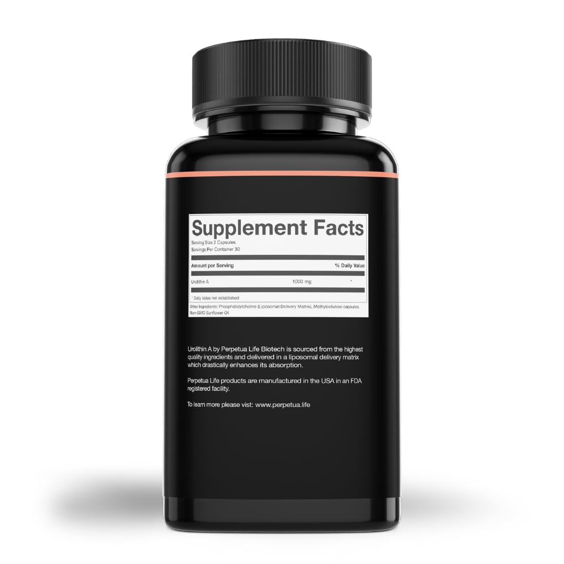 Front view of Perpetua Life Urolithin A Liposomal 1000mg bottle with plant-based capsules.
