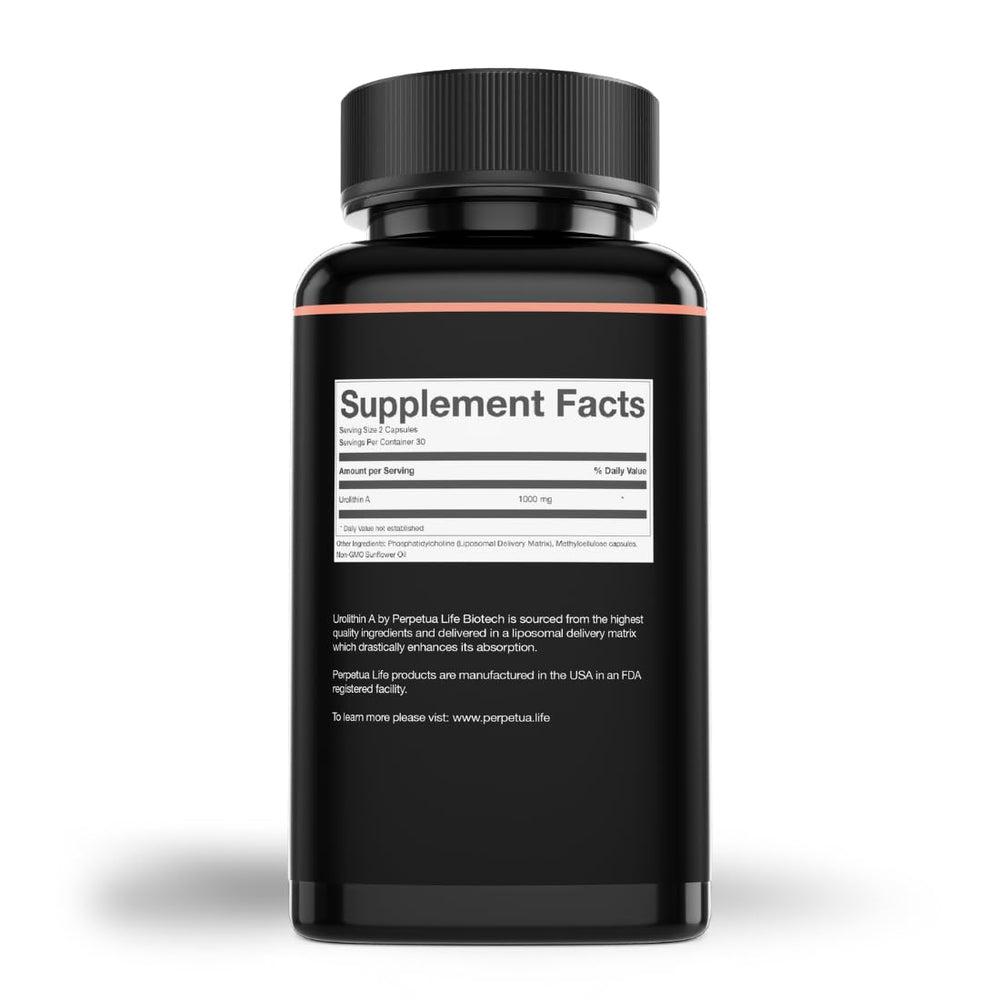 Front view of Perpetua Life Urolithin A Liposomal 1000mg bottle with plant-based capsules.